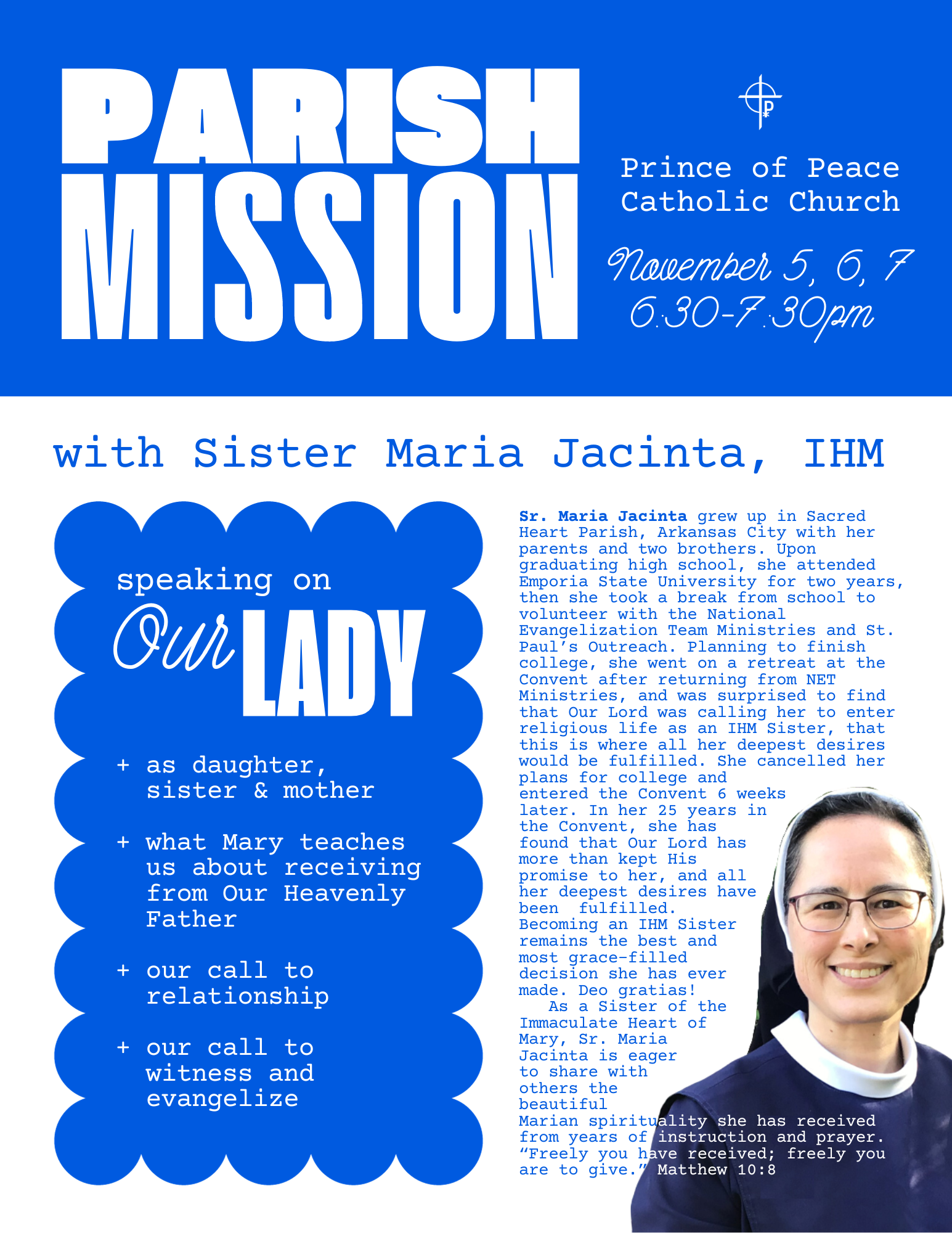 Parish Mission with Sr. Maria Jacinta, IHM | Prince of Peace Catholic ...